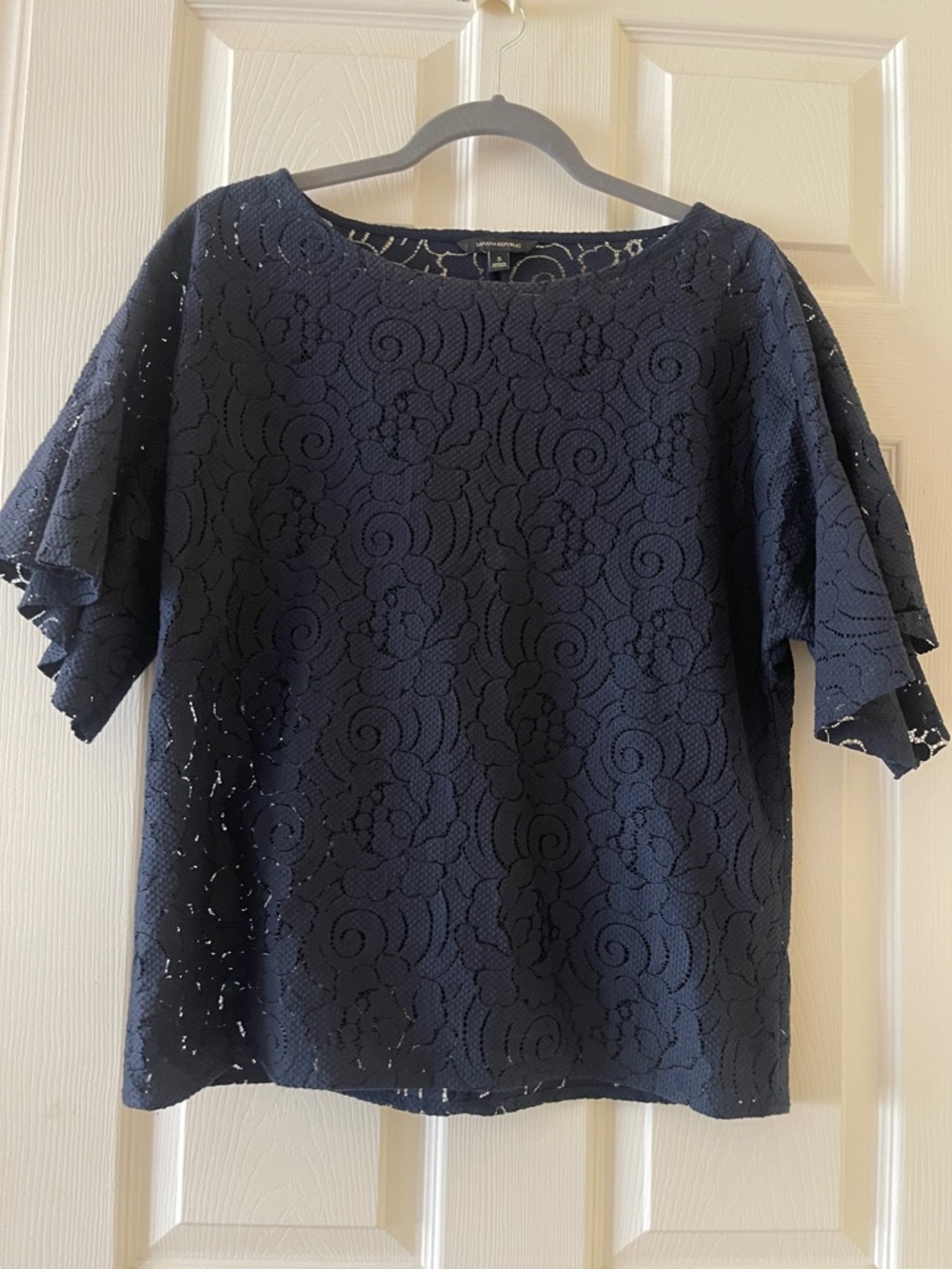 Banana Republic Navy Lace Flutter Sleeve Top
